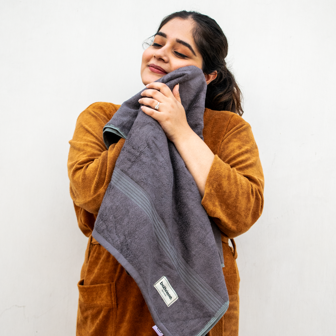 Bathriene 100% Bamboo Towel Set (1 Bath + 1 Hand), 600 GSM, Midnight Grey