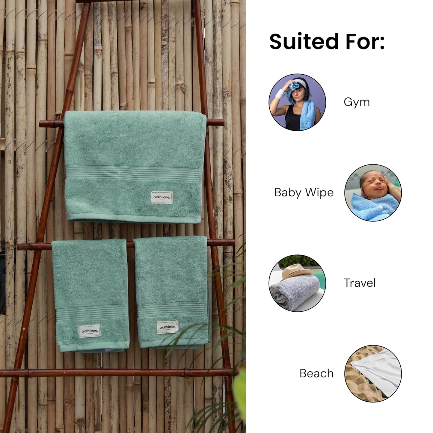Bathriene 100% Bamboo Hand Towels | Garden Green (Pack of 2) | 600 GSM | (40x60 cm)