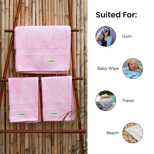 Bathriene 100% Bamboo Towel Set (1 Bath + 1 Hand) Plush Pink | 600 GSM